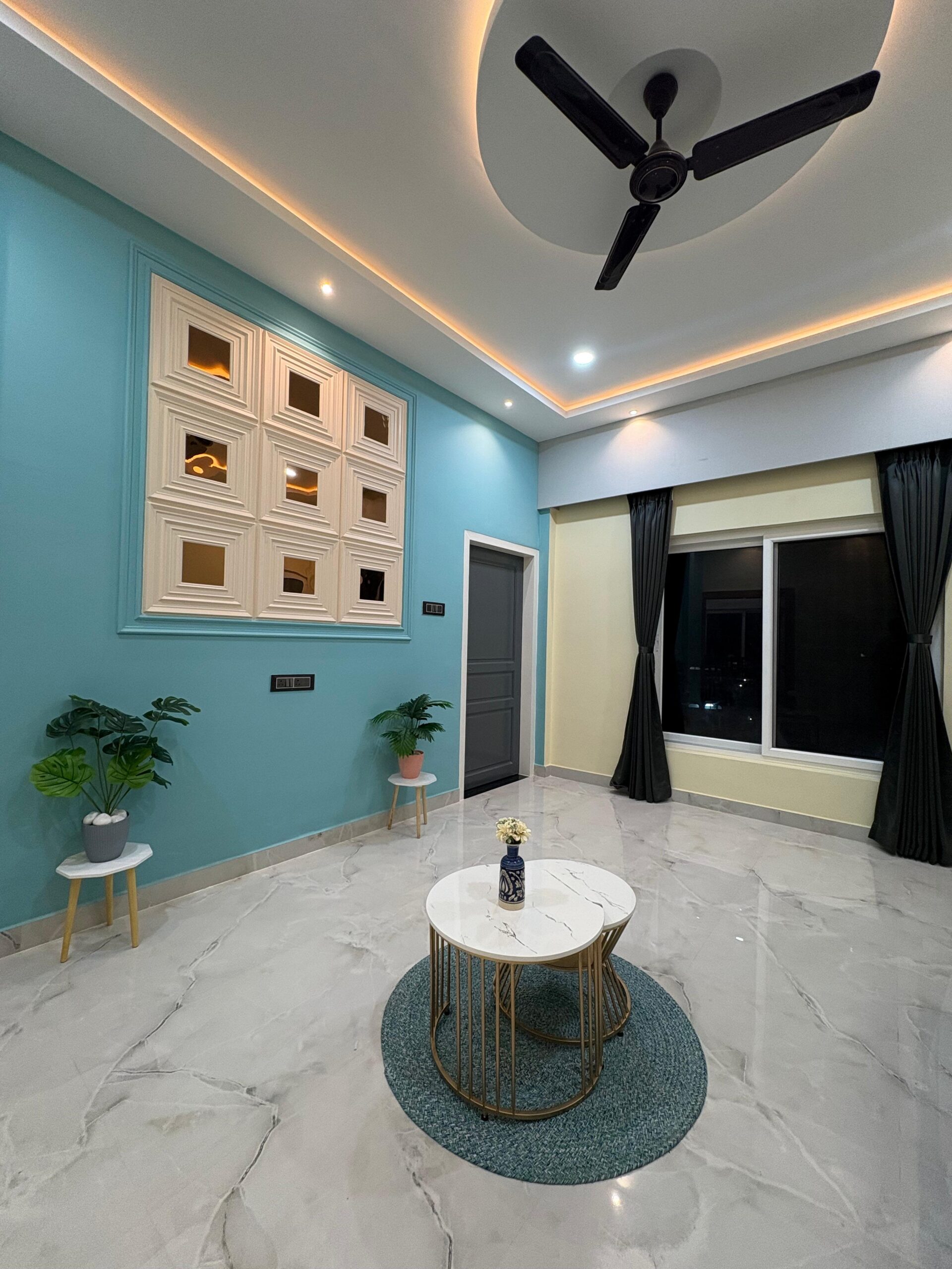 blue wall view iving room